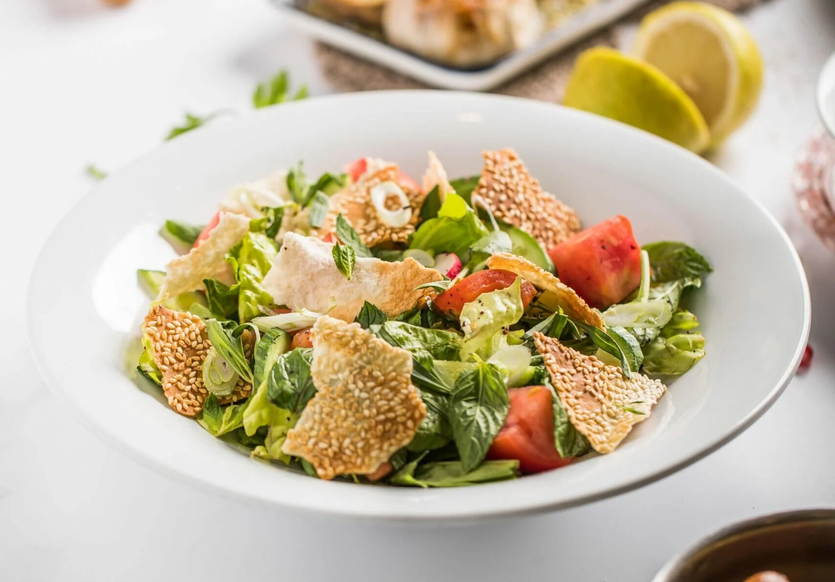 Fattouch with toasted sesame bread